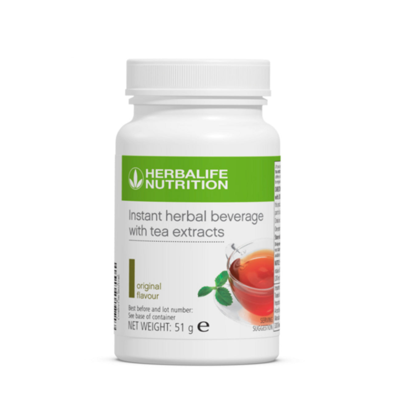 Herbalife Instant Herbal Beverage Original Flavour 51g Green Tea, Orange Pekoe Black Tea, Malva Flower, Hibiscous Flower and Cardomom seed beverage container with cup of tea.