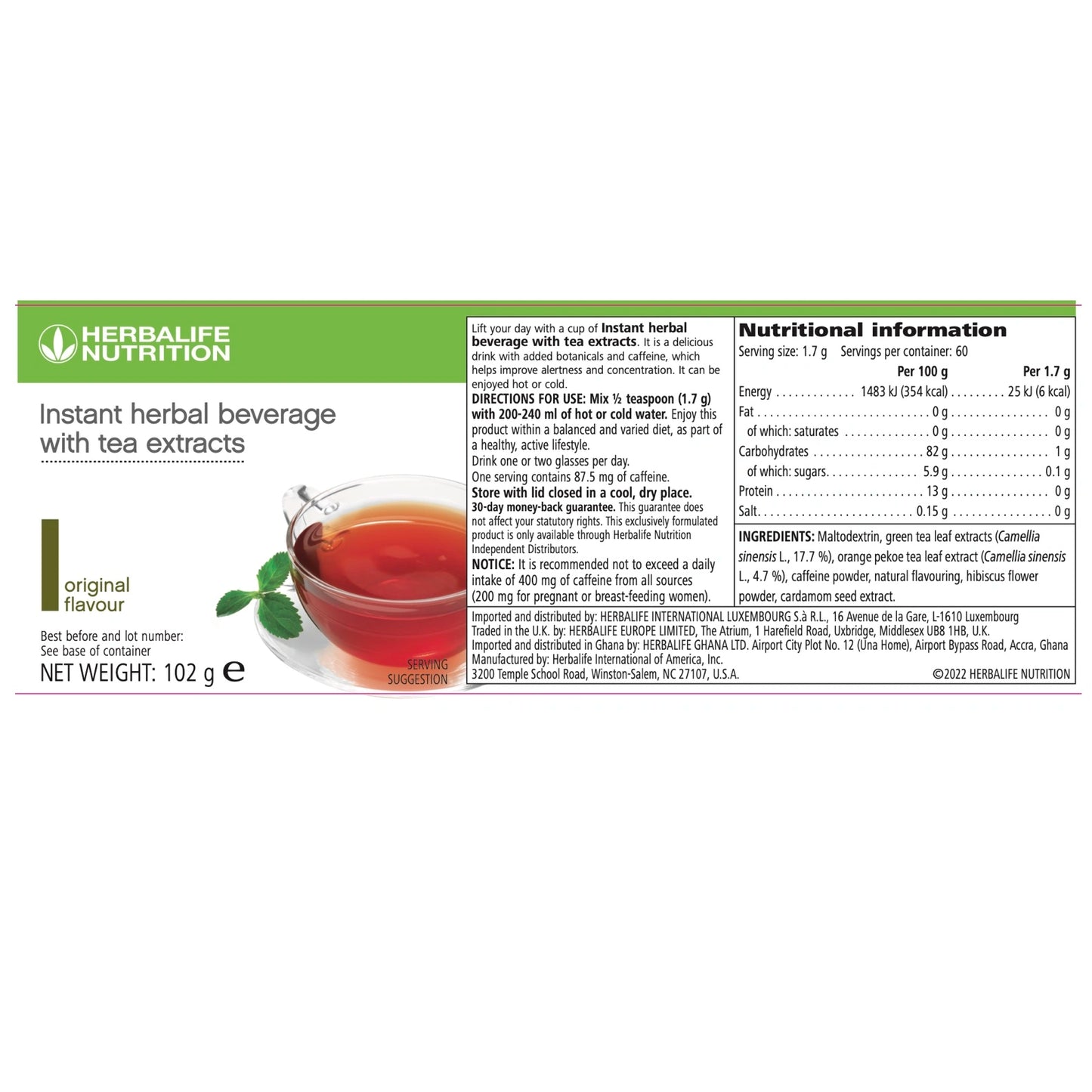 Herbalife Instant Herbal Beverage Original Flavour Large 102g Green Tea, Orange Pekoe Black Tea, Malva Flower, Hibiscous Flower and Cardomom seed beverage packaging with nutritional information label.