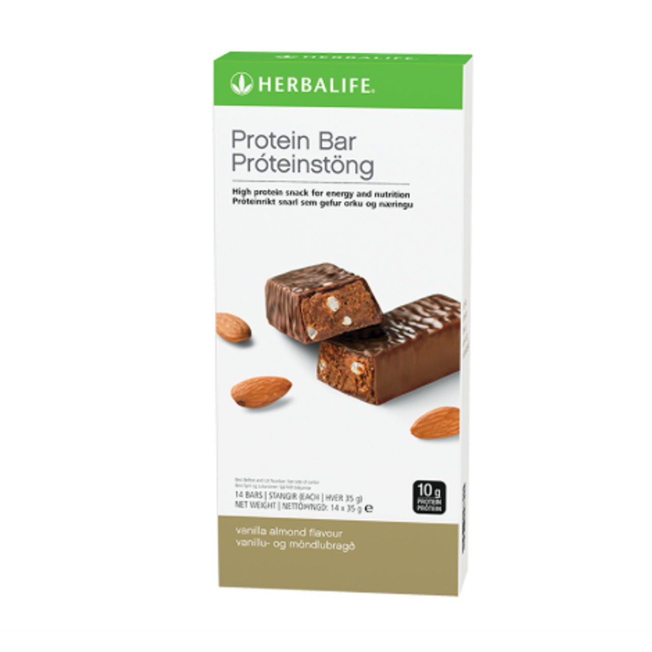Herbalife Vanilla Almond Protein Bar packaging with a white background