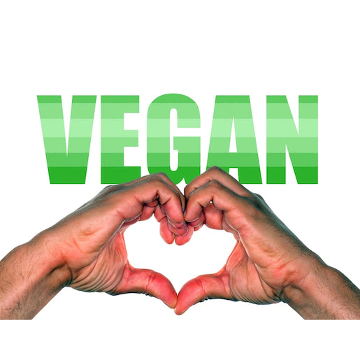 Two hands making a heart shape with the word 'VEGAN' above on a white background portraying Herbalife Vegan Poducts