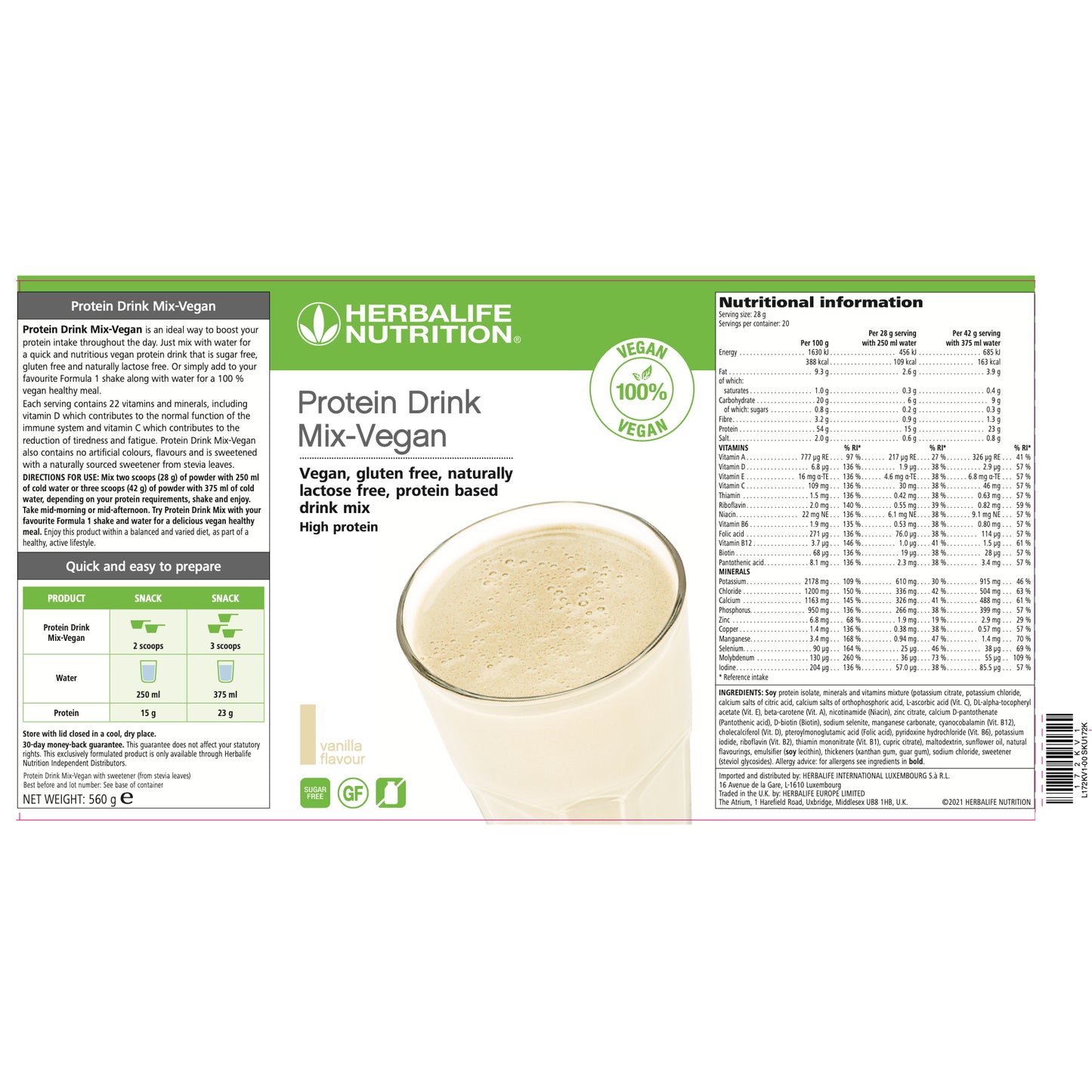 Herbalife Nutrition Protein Drink Mix Vegan packaging and label with a glass of drink on a white background