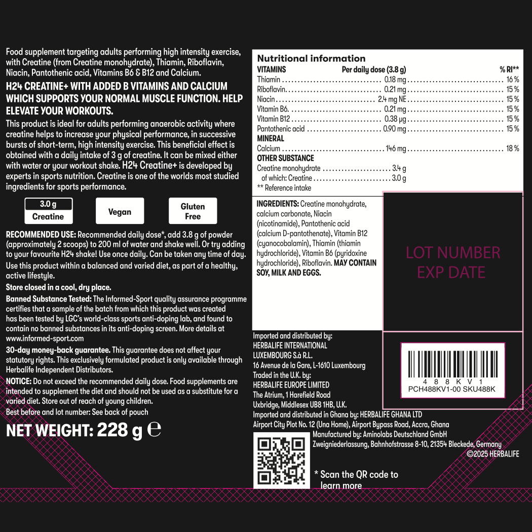 Nutritional label and ingredients list on a black background for Herbalife24 Creatine+