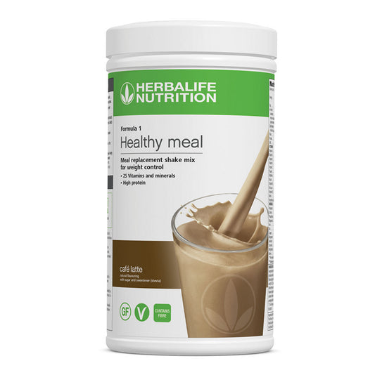 Herbalife Nutrition Formula 1 Café Latte Healthy meal shake mix container with a glass of latte flavour on a white background.
