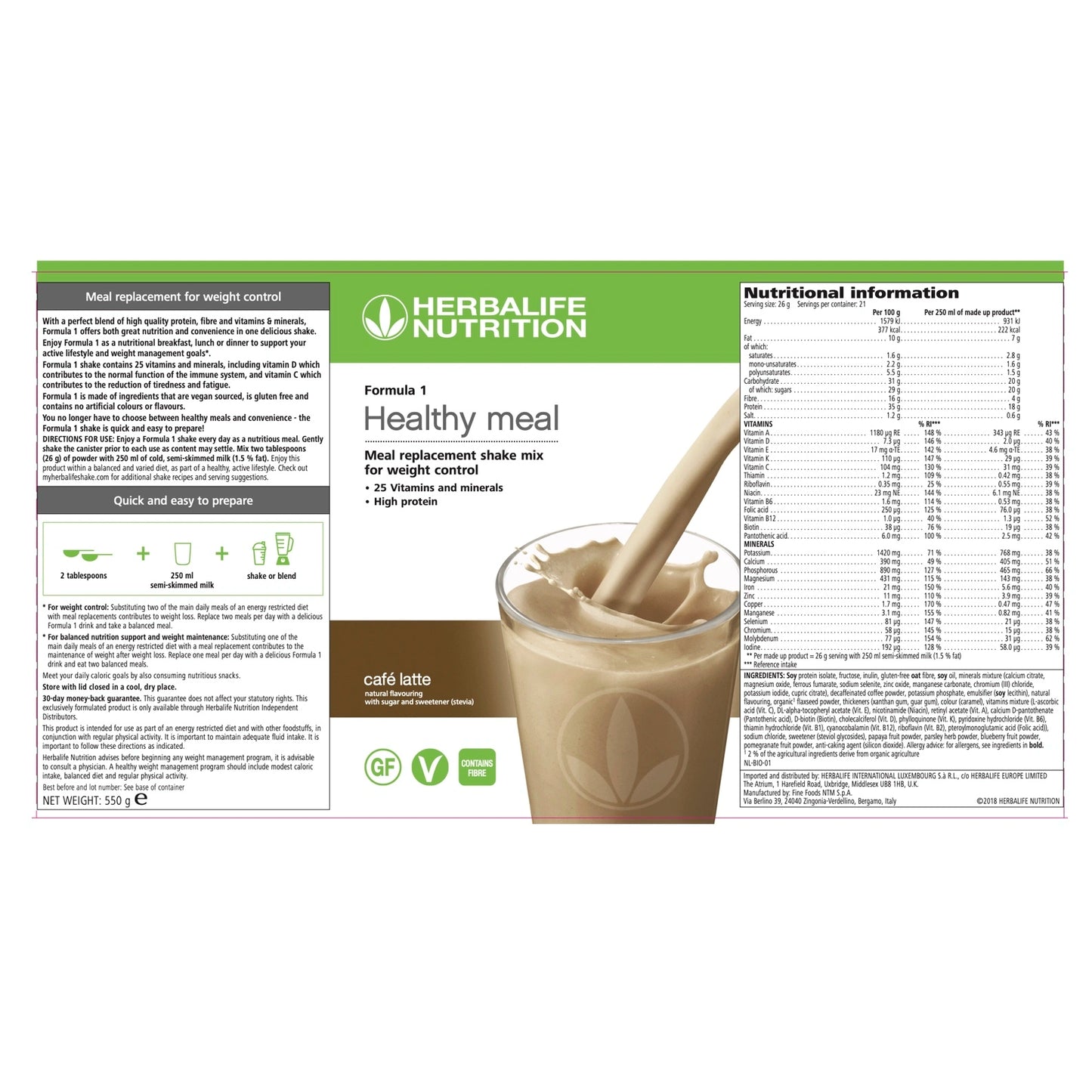 Herbalife Nutrition Formula 1 Café Latte shake mix label and ingredients with a cup of shake and straw on a white background.