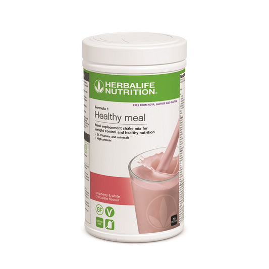 Herbalife Nutrition Formula 1 Raspberry & White Chocolate Flavour healthy meal Pea Protein shake mix container on a white background.