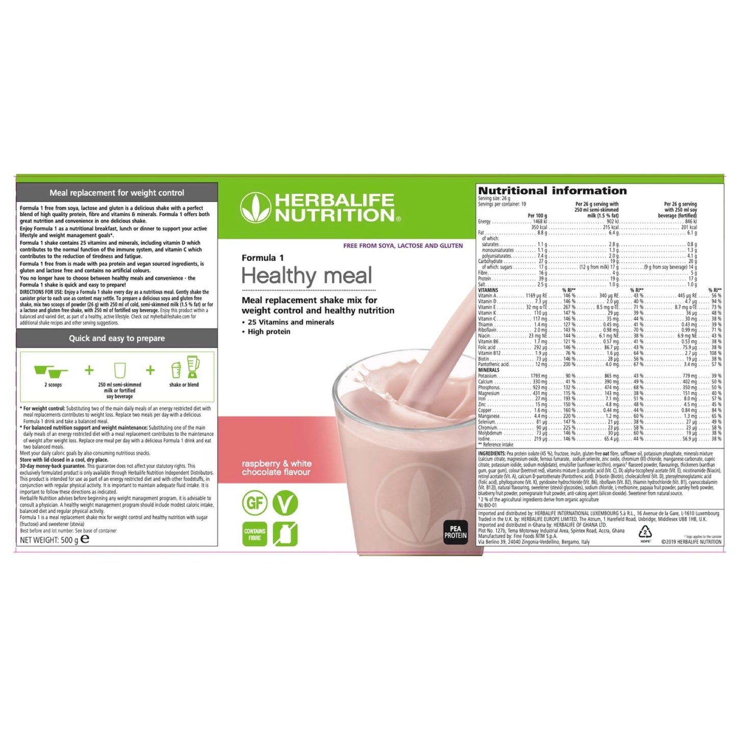 Herbalife Nutrition Formula 1 Raspberry & White Chocolate Pea Protein shake mix label and ingredients with a cup of shake and straw on a white background.