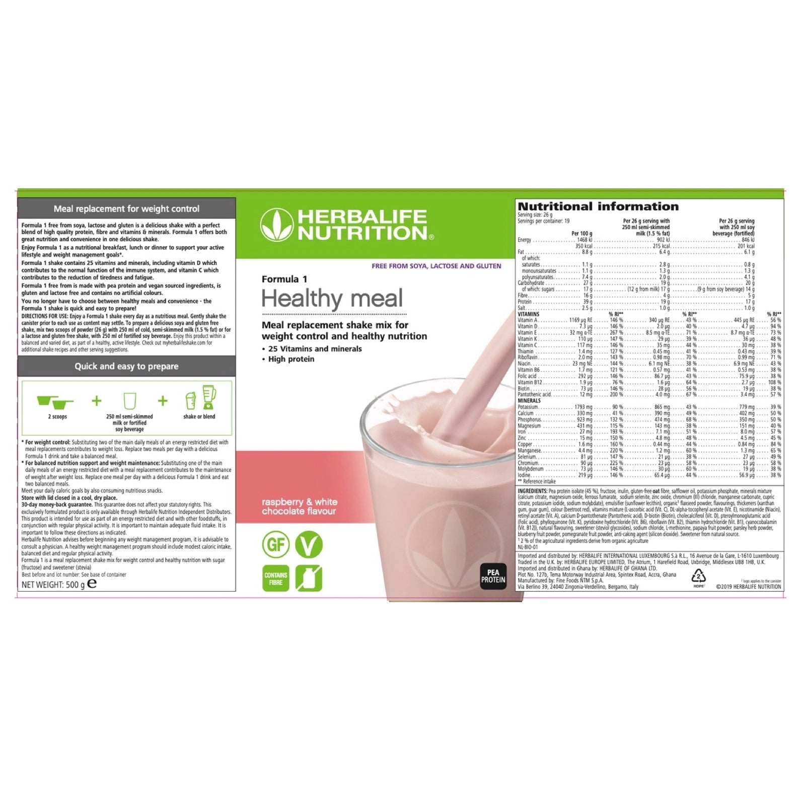 Herbalife Nutrition Formula 1 Raspberry & White Chocolate Pea Protein shake mix label and ingredients with a cup of shake and straw on a white background.