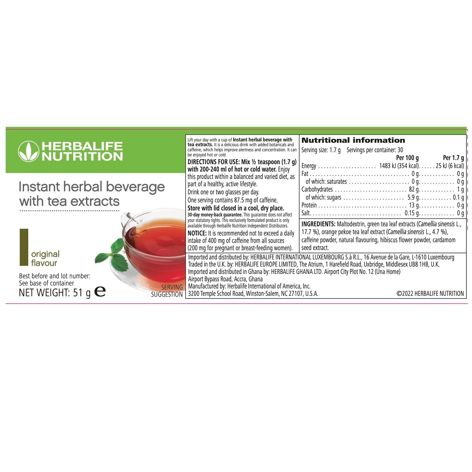 Herbalife Instant Herbal Beverage Original Flavour 51g Green Tea, Orange Pekoe Black Tea, Malva Flower, Hibiscous Flower and Cardomom seed beverage packaging with nutritional information label.