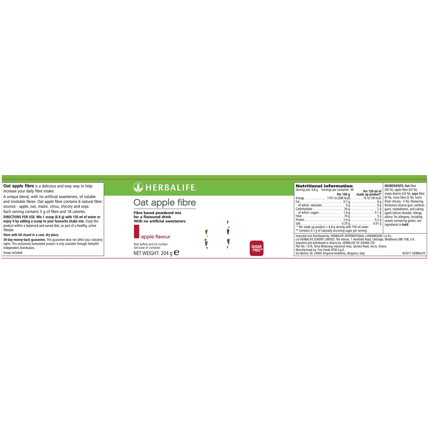 Herbalife Oat Apple fibre supplement packaging with label details.