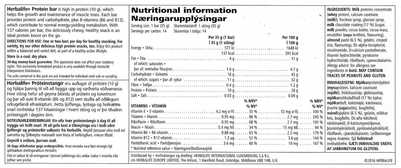 Nutritional information label for a Herbalife Vanilla Almond flavour Protein bar on a white background