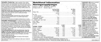Nutritional information label for a Herbalife Vanilla Almond flavour Protein bar on a white background