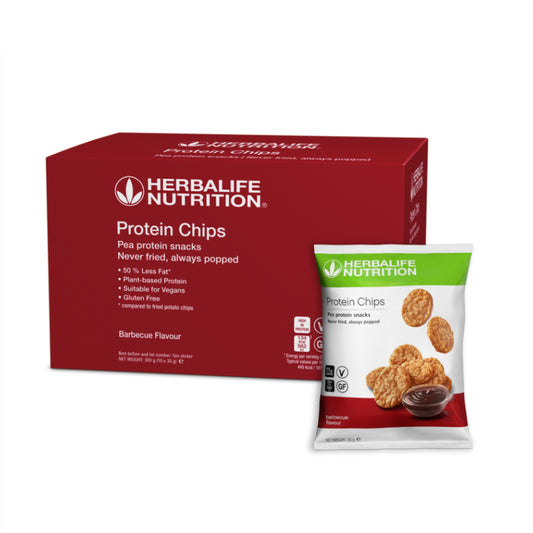 Herbalife Barbecue Flavour Nutrition Protein Chips packaging with red box and white packet on a white background