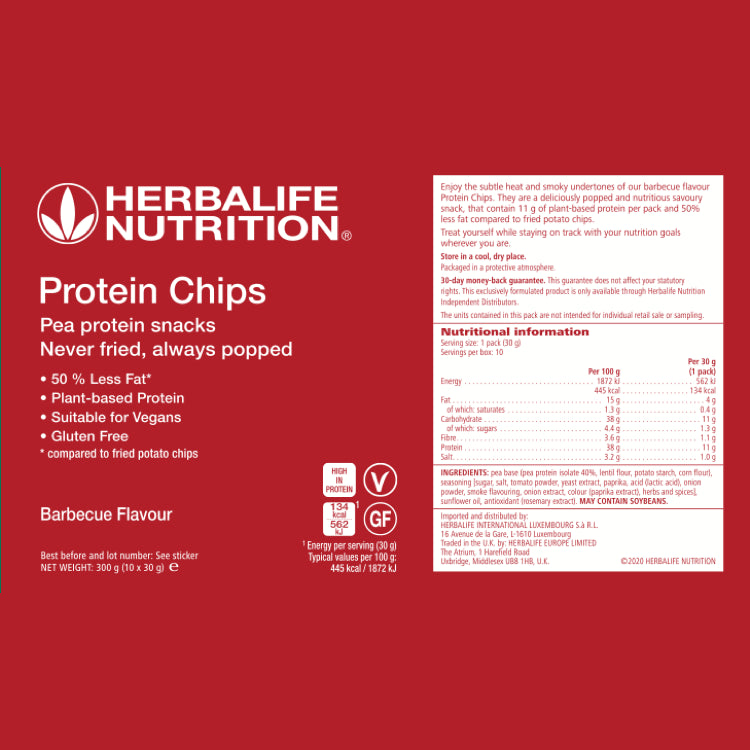 Herbalife Nutrition Barbecue flavour Protein Chips packaging with nutritional information on a red background