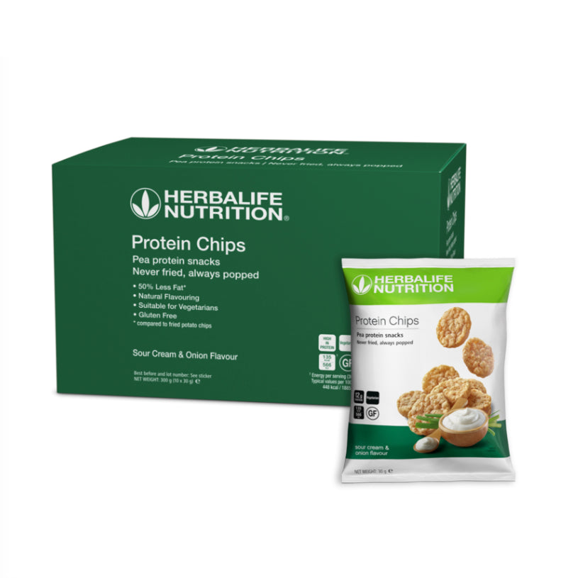 Herbalife Nutrition Sour Cream and Onion protein chips packaging on a white background