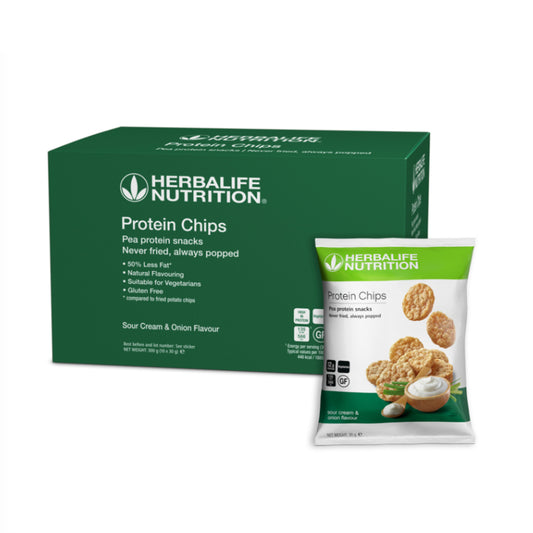 Herbalife Nutrition Sour Cream and Onion protein chips packaging on a white background