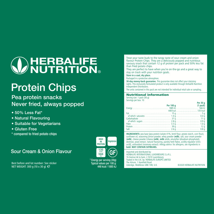 Herbalife Nutrition Sour Cream Protein Chips packaging with text and nutritional information on a green background