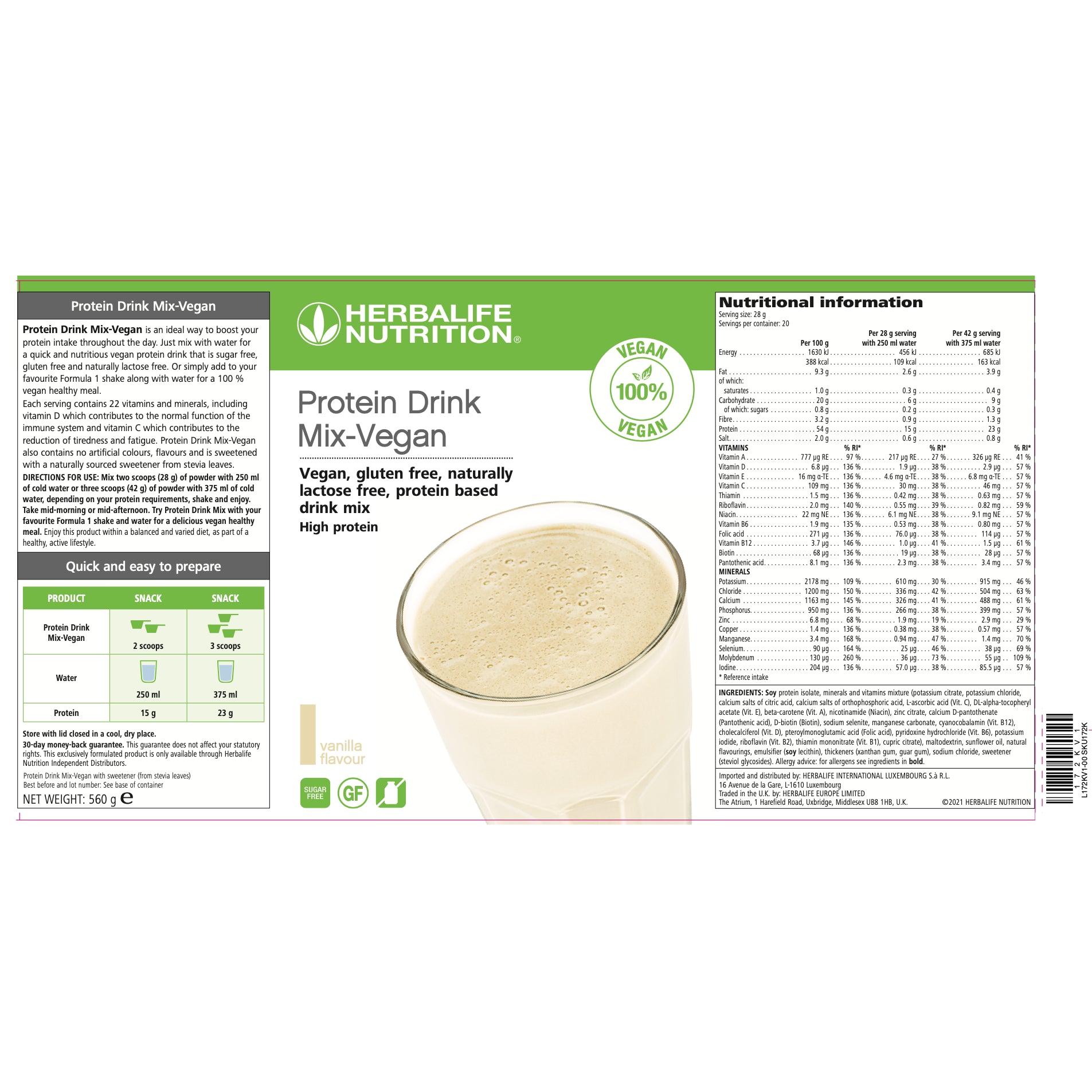Herbalife Nutrition Protein Drink Mix Vegan packaging and label with a glass of drink on a white background